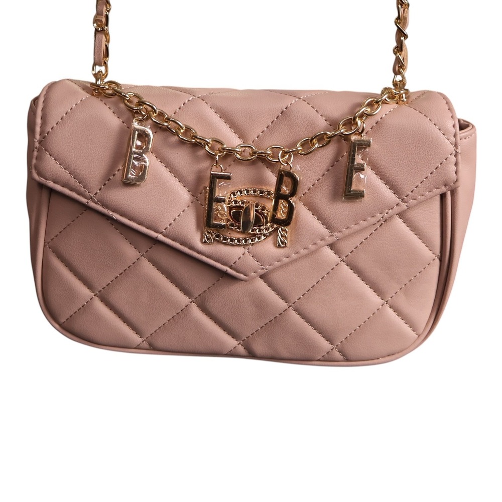bebe Wyatt V-Flap Shoulder Bag Mauve Pink Quilted Gold Chain Charms NWT